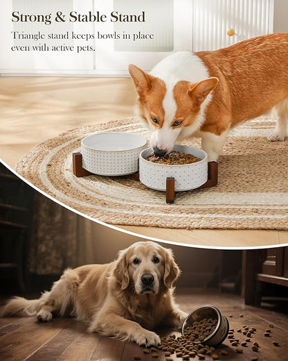 MALACASA Dog Bowl Set with Walnut Wood Stand, 3.5 Cups Ceramic Pet Bowls for Puppy Dogs, Dual Food and Water Bowls with Weighted Non-Slip Base, Basic Bowls for Your Dog or Cat, Rhombic &amp; Polka Dots