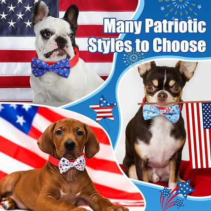 Hillban 50 Pcs Patriotic Collar Dog Bow Ties Blue and Red Star Print Dog Collar Accessories Bow Ties Attachment with Elastic Bands Detachable Charms for Pets Collar 4 of July Costume