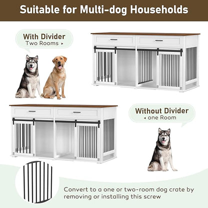 MUPATER 63" L x 23.6" W x 33.3" H Double Wooden Dog Cage Table with 2 Large Drawers &amp; Safety Locks, Large Dog Crate Furniture for 2 Dogs with Removable Divider, Decorative Indoor Dog Kennel Furniture