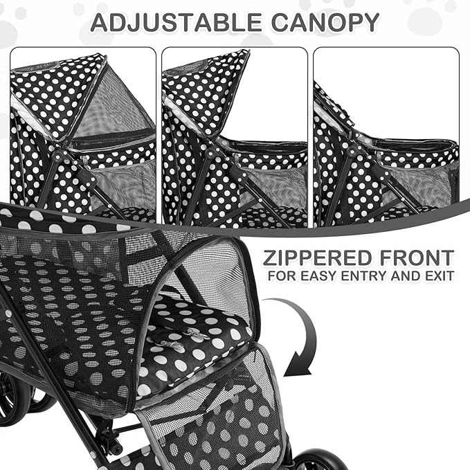 MoNiBloom 4 Wheels Pet Stroller, Easy-Fold Umbrella Shaped Dog Cat Jogger Stroller w/Storage Bag &amp; Visible Mesh for Small/Medium Dogs Cats Black Polka Dots