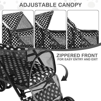 MoNiBloom 4 Wheels Pet Stroller, Easy-Fold Umbrella Shaped Dog Cat Jogger Stroller w/Storage Bag &amp; Visible Mesh for Small/Medium Dogs Cats Black Polka Dots