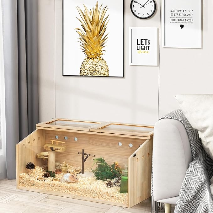COZIWOW Wooden Hamster Cage, Large Hamster Habitats Enclosure with Acrylic Window &amp; Openable Top, (32" L x 16" W x 16" H) Small Animal Cage for Guinea Pig, Chinchilla, Gerbil