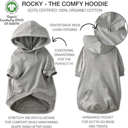 Rocky – The Orginal Lightweight Hooded TEE 100% Organic Cotton Dog Hoodie Pet Coat Sweater for Small, Medium, Large Dogs, Heather Gray, X-Small