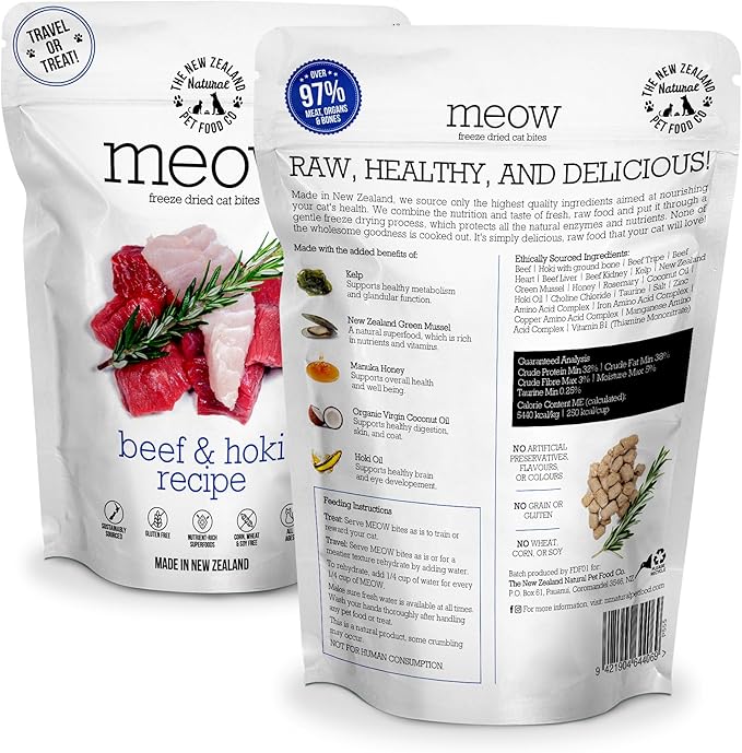 Meow Freeze Dried Cat Food - Beef &amp; Hoki Recipe, High Protein Cat Treats, Meals &amp; Toppers, Dry Cat Food,1.76 oz