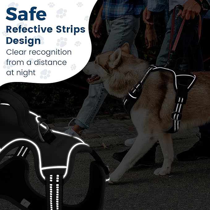Funfox Dog Harness No Pull, Adjustable Pet Vest Harness, Super Soft Material with Vertical Handle Easy Control, Reflective Night Walking, 2 Leash Clips for Medium Sized Dogs, Black, M