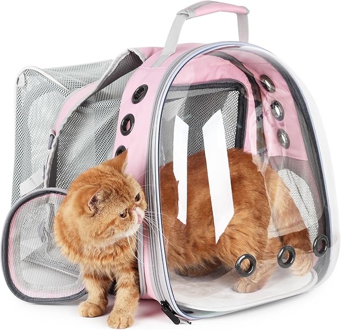 Lollimeow Cat Carrier Backpack, Bubble Expandable Backpack Carrier, Pets and Small Dogs,Airline-Approved, Designed for Travel, Hiking, Walking &amp; Outdoor Use (Square Back Expandable-Pink)