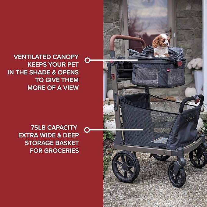 Pet Foldable Cart - Luxury Cat &amp; Dog Stroller with Extra Large Shopping Basket, Cup Holders, &amp; Ventilated Canopy - Easy Fold Pet Stroller for Cats &amp; Dogs
