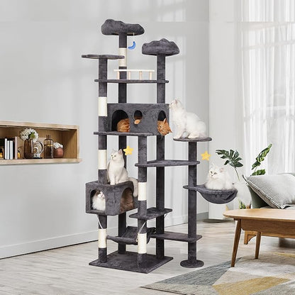 85in Giant Cat Tree for Heavy Duty Big Cats, Large Cat Trees with Scratching Post, Cat Tree Tower with Cat Condos, Hammock &amp; Plush Perch for Maine Coon, Smoky Gray