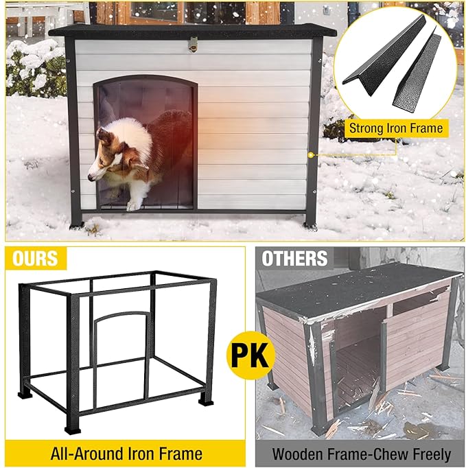 Aivituvin Dog House Outdoor with Insulated Liner, Weatherproof Dog House for Winter, Suitable for Small &amp; Medium &amp; Large Dogs with Unique All-Around Iron Frame(Off-White)