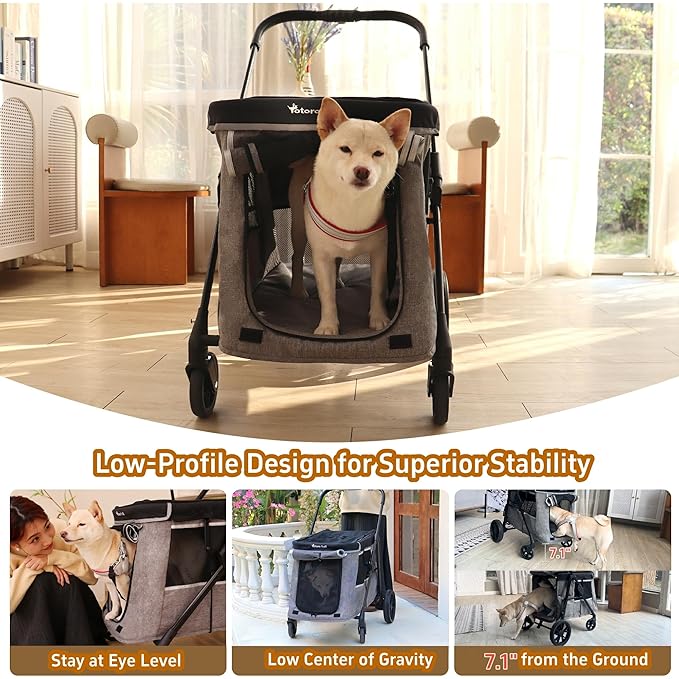 Medium Dog Stroller for Small to Large Dogs 4 Wheels Multi Pet Stroller for 4 Dogs Holds Up to 66lbs, One-Click Folding&amp;Smooth Tires&amp;Sunshade &amp; Storage Basket (Gray, Medium)