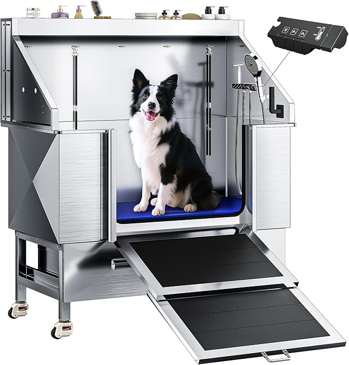 50" Dog Washing Station - 304 Stainless Steel, 27.4" Wide Ramp, Water-Storing Dog Bathing Station w/Swivel Wheels, Pet Proof Faucet, 2 Drawers, Dog Bathtub for Medium &amp; Small Dogs