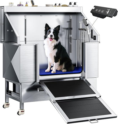 50" Dog Washing Station - 304 Stainless Steel, 27.4" Wide Ramp, Water-Storing Dog Bathing Station w/Swivel Wheels, Pet Proof Faucet, 2 Drawers, Dog Bathtub for Medium &amp; Small Dogs
