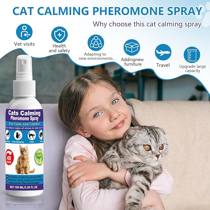 【𝐇𝐢𝐠𝐡𝐥𝐲 𝐄𝐟𝐟𝐞𝐜𝐭𝐢𝐯𝐞】Cat Calming Pheromone Spray for Stress &amp; Anxiety Relief – Reduces Scratching, Urine Spraying, Hiding – Drug-Free &amp; Vet Recommended – with F3 Facial Pheromone 6.76oz