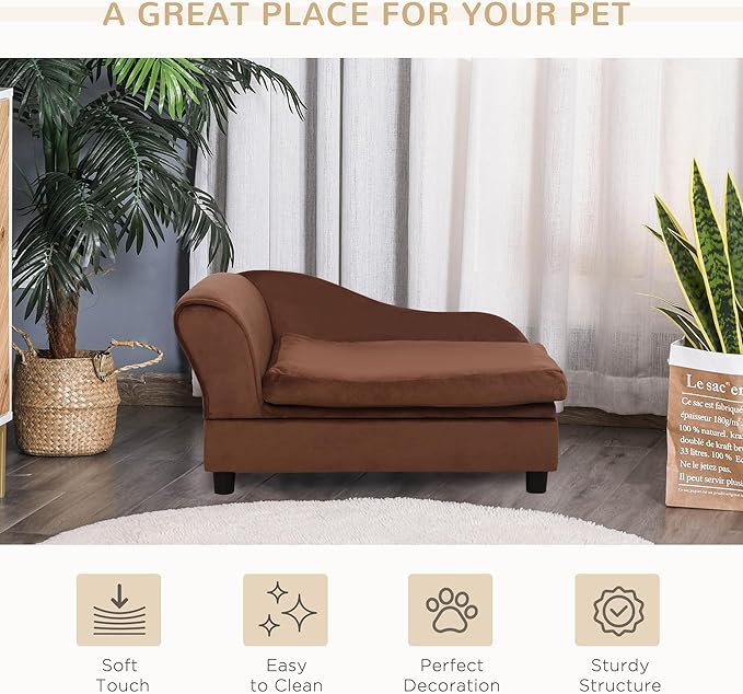 PawHut Luxury Fancy Dog Couch with Hidden Storage, Small Dog Sofa Bed with 2" Soft Foam, Modern Pet Furniture for Puppies &amp; Little Breeds, Brown