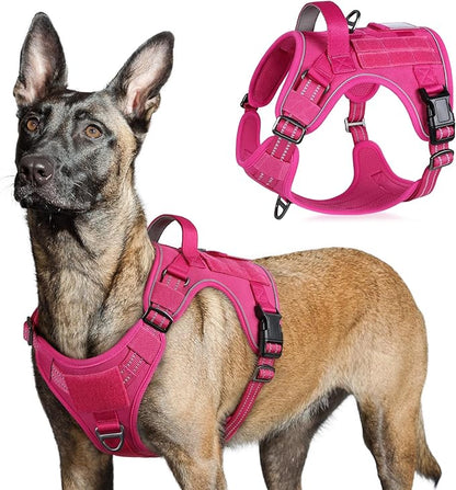 rabbitgoo Tactical Dog Harness for Large Dogs, No Pull Military Service Vest with Handle &amp; Molle, Easy Control for Training Walking, Adjustable Reflective Straps, Rose Red, L