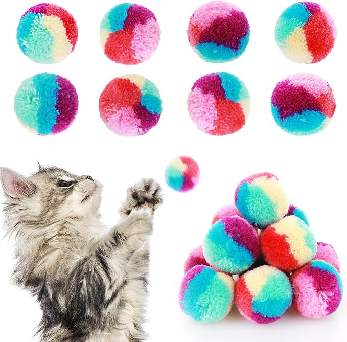 1.2 in Colorful Cat Pom Pom Ball Toys, 20 Pcs Rainbow Cat Toy Balls Soft Plush Cat Ball Interactive Training Ball for Indoor Cats &amp; Kittens