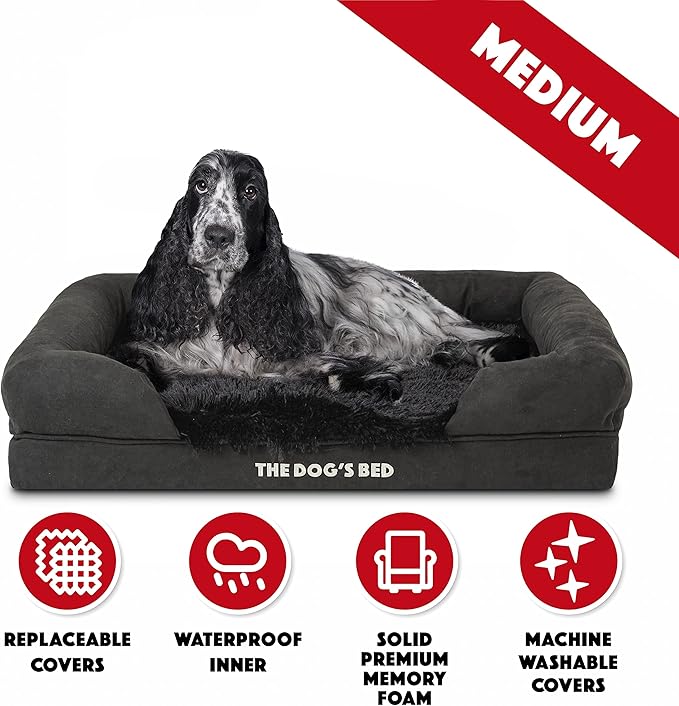 The Dog’s Bed, Medium Black Faux Fur 30x23.5, Memory Foam, Pain Relief: Arthritis, Hip &amp; Elbow Dysplasia, Post Surgery, Lameness, Supportive, Calming, Washable Cover, Veterinary Approved