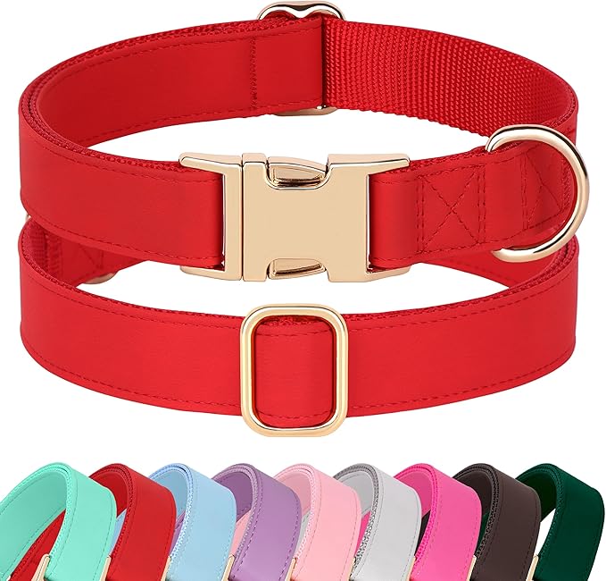 PET ARTIST Soft PU Leather Dog Collar, Bright &amp; Classic Red Dog Collar with Quick Release Rose Metal Buckle, Adjustable Nylon Padded Durable Pet Collars for Large Dogs Girl, Neck Fit 16-27"