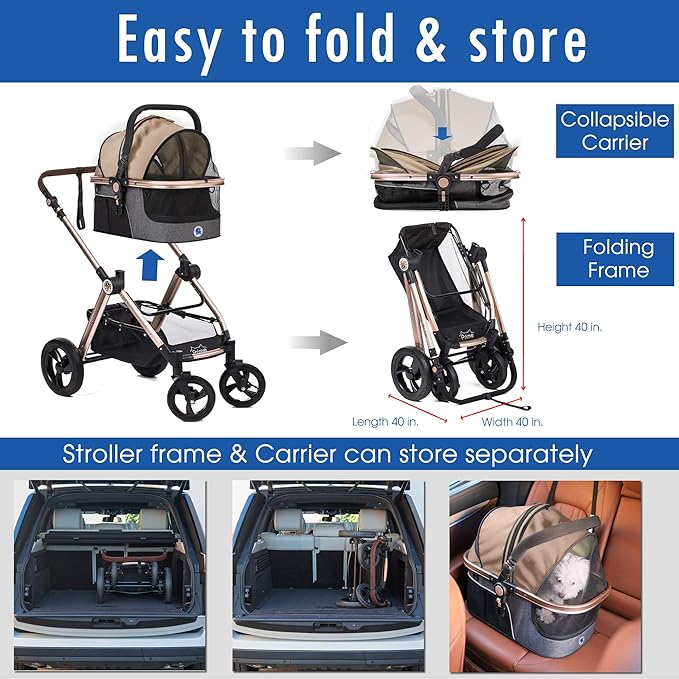 HPZ Pet Rover Prime 3-in-1 Luxury Dog/Cat Stroller (Travel Carrier +Car Seat +Stroller) with Detach Carrier/Pump-Free Rubber Tires/Aluminum Frame/Reversible Handle for Medium &amp; Small Pets (Taupe)