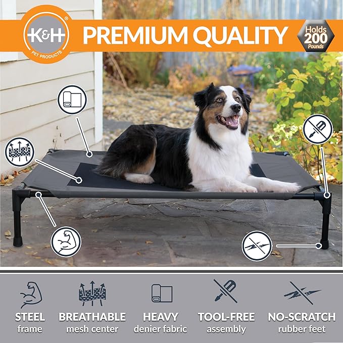 K&amp;H Pet Products Outdoor Elevated Dog Cot, Breathable Cooling Elevated Cot Hammock Pet Bed for Large Dogs, Washable Mesh Cover, Raised Metal Frame, Collapsible, Portable - Large 42 X 30in Charcoal