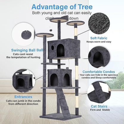 FDW Cat Tree Tower 81in Multi-Level Durable Cat Scratching Post &amp; Cozy Fun Jumping Platform Space Saving Condo Pet Play House for Indoor Cats,Dark Gray
