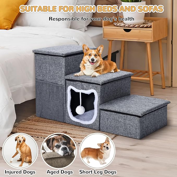 Bilibrara Dog Stairs for Small Dogs, Foldable Pet Steps for High Bed, Non-Slip 3-Step Cat Stairs with Storage, Condo and Fluffy Ball, Small Dog Indoor Ramp for Couch Window, 16&