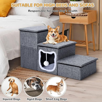 Bilibrara Dog Stairs for Small Dogs, Foldable Pet Steps for High Bed, Non-Slip 3-Step Cat Stairs with Storage, Condo and Fluffy Ball, Small Dog Indoor Ramp for Couch Window, 16&