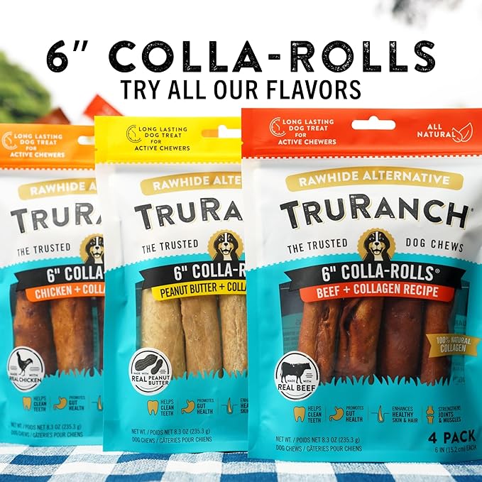 Collagen Rolls - 6" Collagen Rolls for Dogs - Long Lasting Healthy Joint Support - Rawhide Alternative - Skin &amp; Coat Health - Made with Real Chicken, Value Pack, 15 Bags, 60 Count
