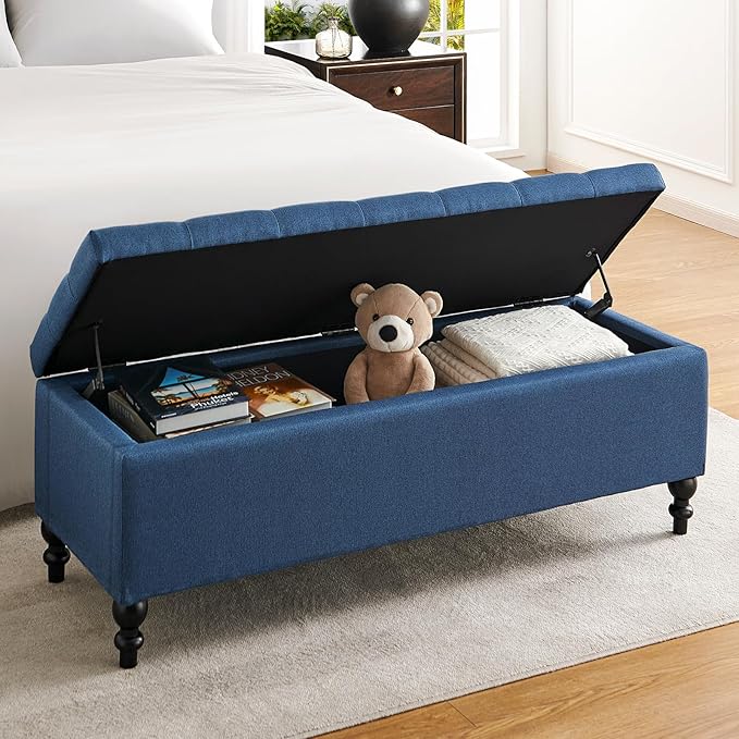 Ottoman with Storage,50.2-inch Upholstered End of Bed Storage Bench for Bedroom,for The Living Room,for Entryway, with Tray &amp; Button and Safety Hinges,Detachable (Blue)