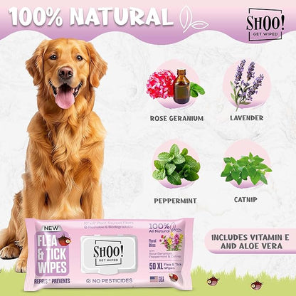 Shoo! Flea &amp; Tick Wipes for Dogs | Convenient, Easy On-The-Go Protection | Plant Based, Natural Oils, Chemical Free | Repels &amp; Prevents | 50 XL Wipes | (Floral Bliss)