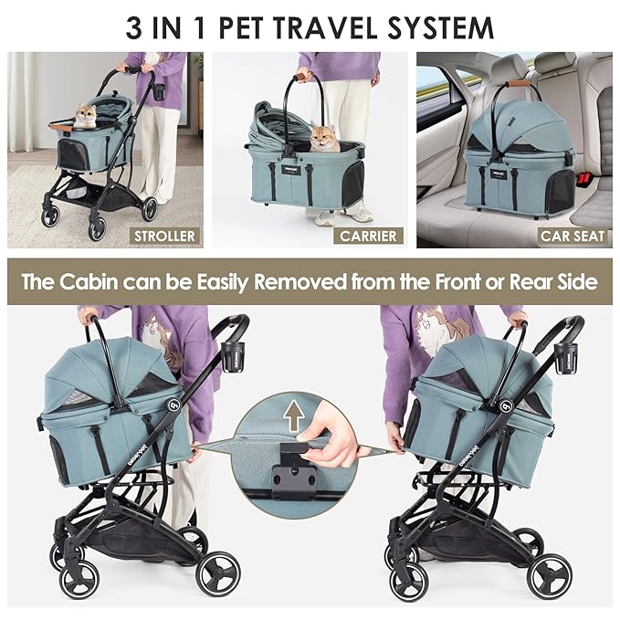T3 3-in-1 Small Pet Stroller for Dog &amp; Cats, 4 Wheels with Detachable Carrier with Pad, Canopy and Cup Holder (Green)
