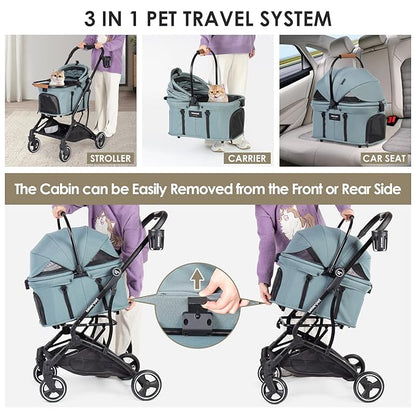 T3 3-in-1 Small Pet Stroller for Dog &amp; Cats, 4 Wheels with Detachable Carrier with Pad, Canopy and Cup Holder (Green)