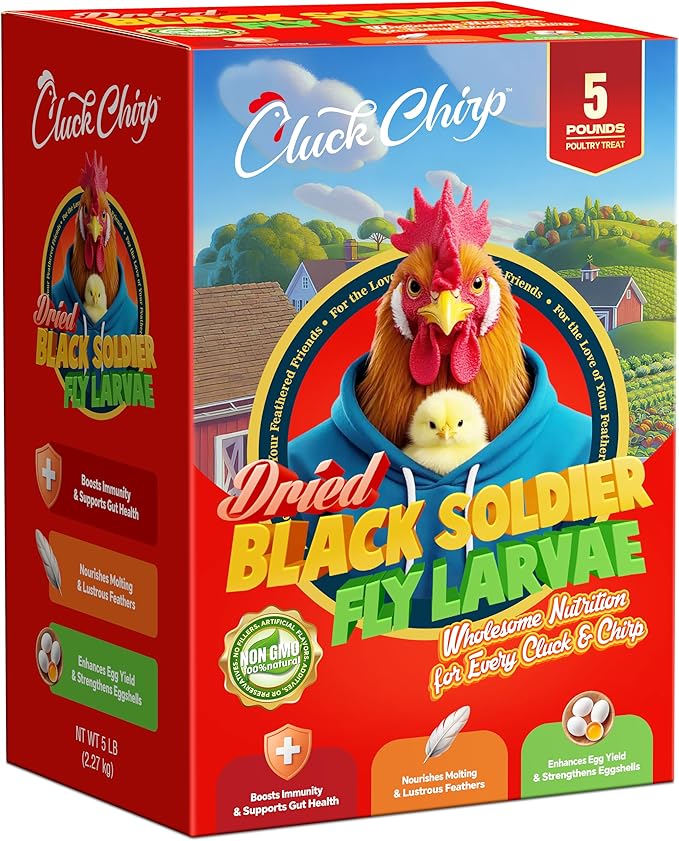 Dried Black Soldier Fly Larvae, Non-GMO, Natural Chicken Treats &amp; High-Protein Poultry Snacks for Backyard Chickens, Laying Hens &amp; Ducks, 5 lb Box