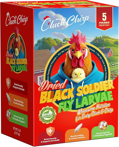 Dried Black Soldier Fly Larvae, Non-GMO, Natural Chicken Treats &amp; High-Protein Poultry Snacks for Backyard Chickens, Laying Hens &amp; Ducks, 5 lb Box