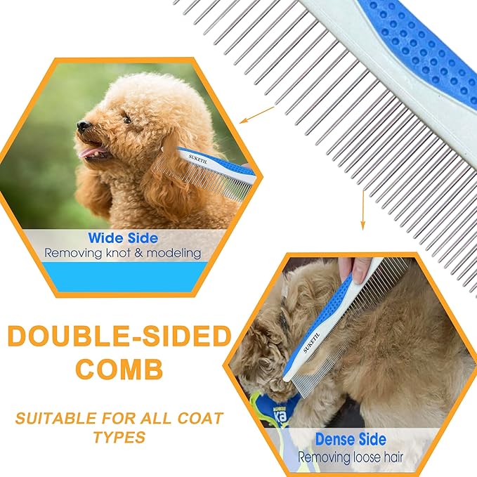 Dog Grooming Comb for Matting, Dog combs for grooming matting, Dematting Comb for Dogs and Cat with Stainless Steel Teeth &amp; Non-Slip Handle (Style 1- Blue)