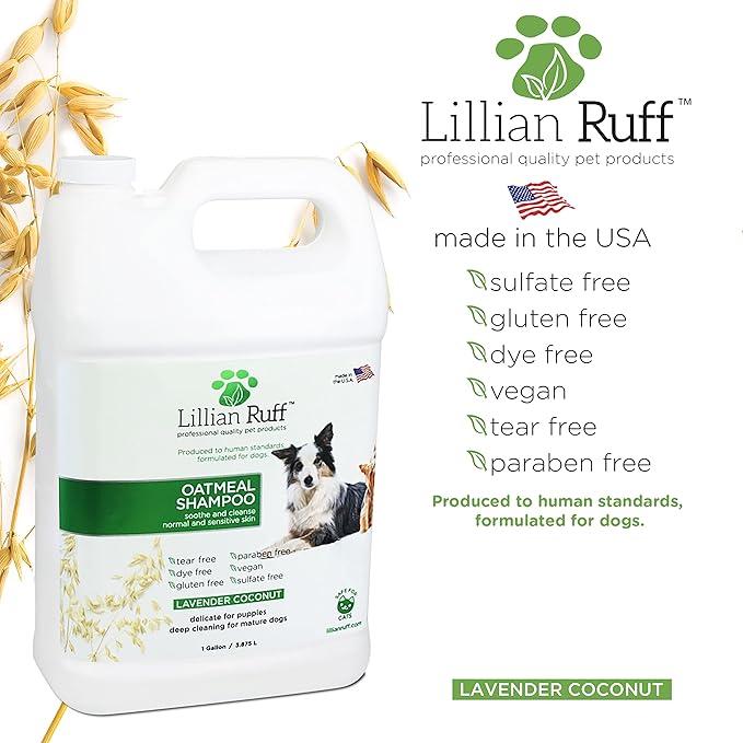Lillian Ruff Calming Oatmeal Pet Shampoo for Dry Skin &amp; Itch Relief with Aloe &amp; Hydrating Essential Oils - Replenish Moisture &amp; Deodorize - Tearless Dog Shampoo for Normal/Sensitive Skin (Gallon)