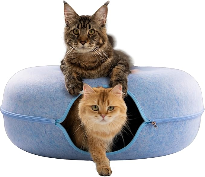 Cattasaurus Peekaboo Cat Cave for Multiple &amp; Large Cats Up to 30-45 Lbs, Scratch Detachable &amp; Washable Tunnel Bed, Comfy Donut Cat Cave (Blue, Jumbo)