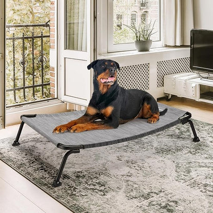 Veehoo Outdoor Elevated Dog Bed, Cooling Raised Dog Cot Bed XL, Portable Waterproof Curved Dogs Hammock Beds for Outside, up to 150lbs, Black Legs, Black Silver 49"