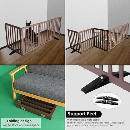 ZJSF Freestanding Indoor Dog Gate for House Foldable Wood Puppy Gate for Doorways Pet Gate for Stairs Extra Wide Pet Fence, Brown, 24" Height 4 Panels