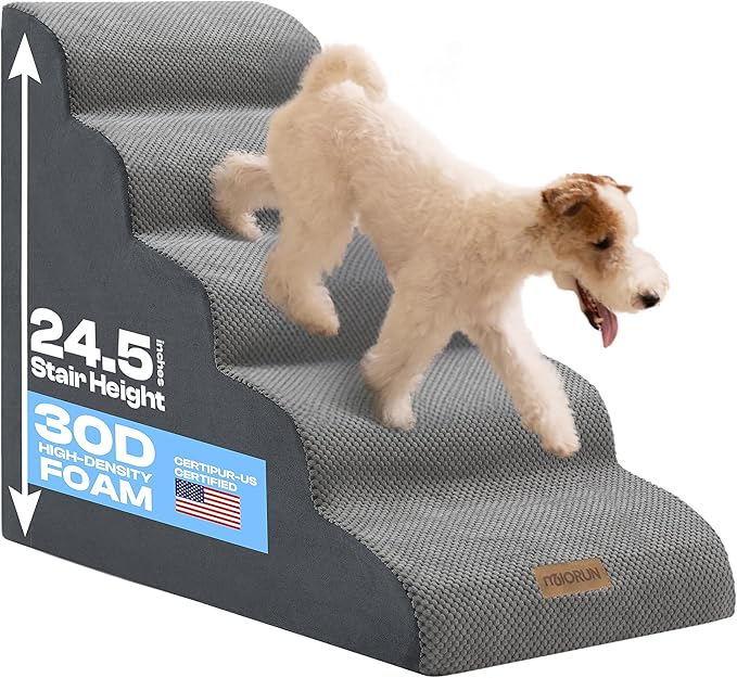 Dog Stairs for High Beds Up to 30", Extra-Tall 24.5" 5-Step Foam Pet Ramp with Washable Cover, Gentle Slope Steps, Bed &amp; Couch Ladder for Small Medium Dogs &amp; Senior Cat, Puppy Climbing Stairs