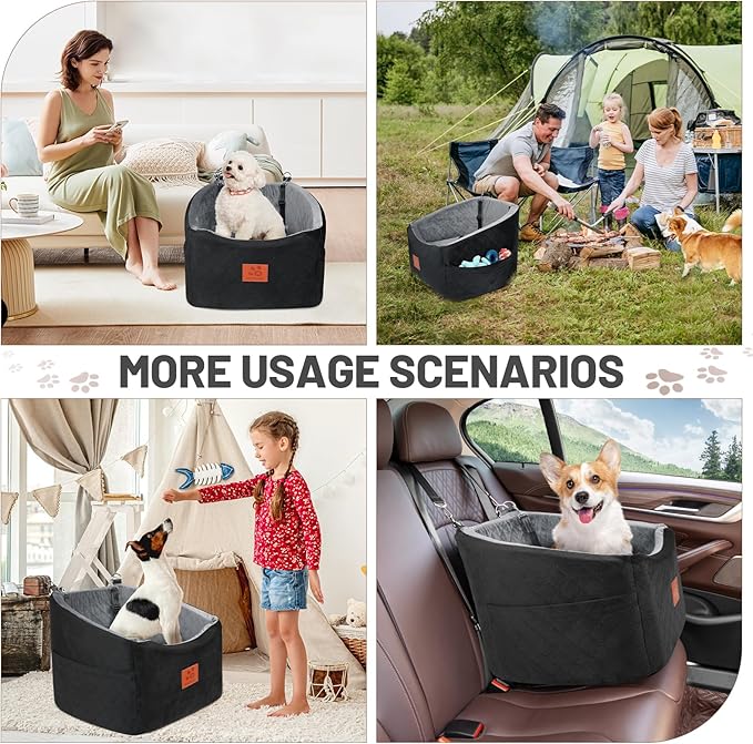 Dog Car Seat for Small Medium Dogs, Memory Foam Booster Car Seat for Dogs up to 35 lbs, Elevated Pet Car Seat with Washable Removable Cover and Storage Pockets (Black/Gray)