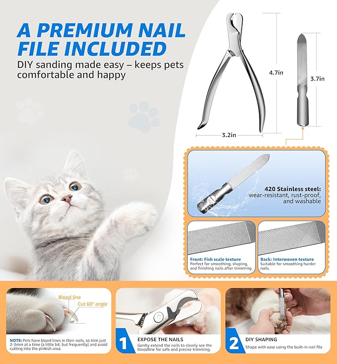 Pet Nail Clippers for Cats &amp; Small Medium Dogs Puppies, Cat Nail Trimmer with All-Steel Material, Extra-Sharp Durable Blades, Ergonomic Handle, Professional Grooming Tool with Free Nail File