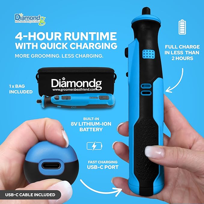 Diamondg Cordless Dog Nail Grinder with Quiet Sound &amp; LED Tip for Large &amp; Small Dogs, 4hrs. Runtime, 2 Bits Included, Blue