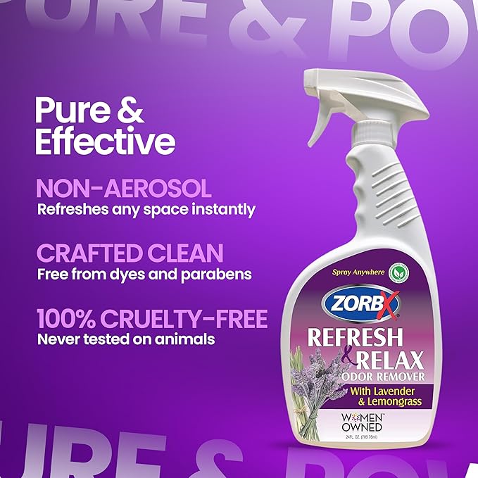 ZORBX Lavender &amp; Lemongrass Spray, 24 Oz - All-Purpose Deodorizer, Refreshes Fabric, Removes Strong Odors, Perfect for Home, Car, Gym, Laundry