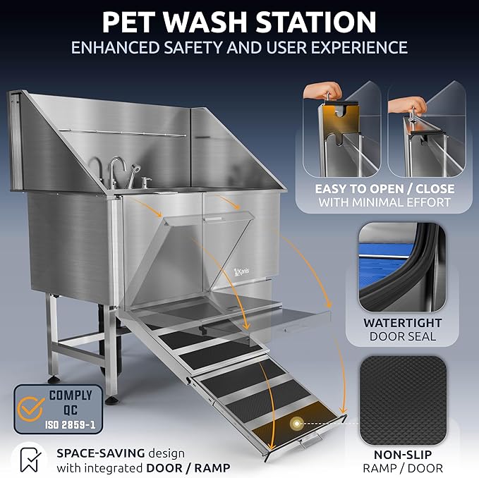 KANIS Professional Dog Washing Station - 304 Stainless Steel Pet Wash Sink &amp; Grooming Bath Tub for Home with Ramp, Shower, Floor Grate, Storage Drawer, Faucet, Drain Kit for Large, Medium &amp; Small Pets