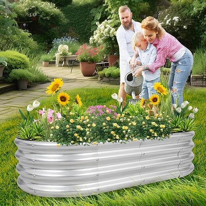 1MORE Galvanized Raised Garden Bed- Planter Garden Boxes Outdoor, Raised Beds for Gardening, 4x2x1ft Metal Garden Bed Kit for Vegetables Flower, Planter Raised Bed with Protective Tape &amp; Tools.Silver