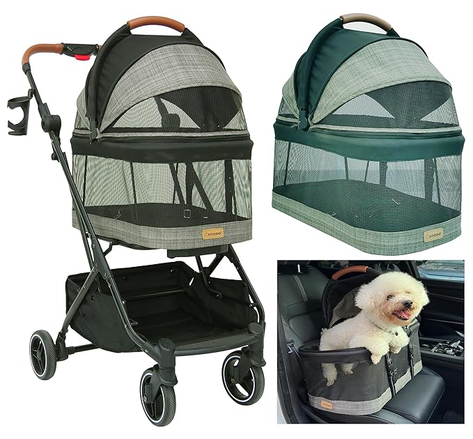 ROODO Fashion 3-in-1 Dog Cat Stroller with Detachable Carrier&amp;Car Seat Combo Best Lightweight Folding Portable All-Terrain Travel Pet Gear Puppy Doggie Kitty Stroller for up to 30 lbs(Grey Lattice)