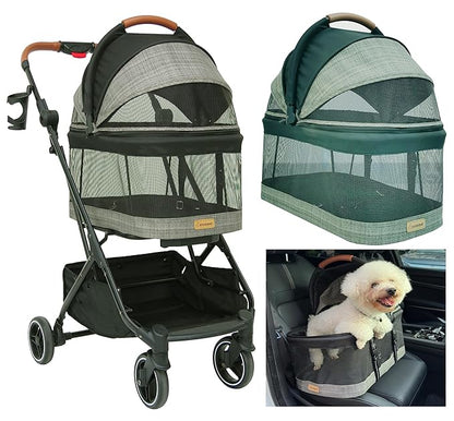 ROODO Fashion 3-in-1 Dog Cat Stroller with Detachable Carrier&amp;Car Seat Combo Best Lightweight Folding Portable All-Terrain Travel Pet Gear Puppy Doggie Kitty Stroller for up to 30 lbs(Grey Lattice)