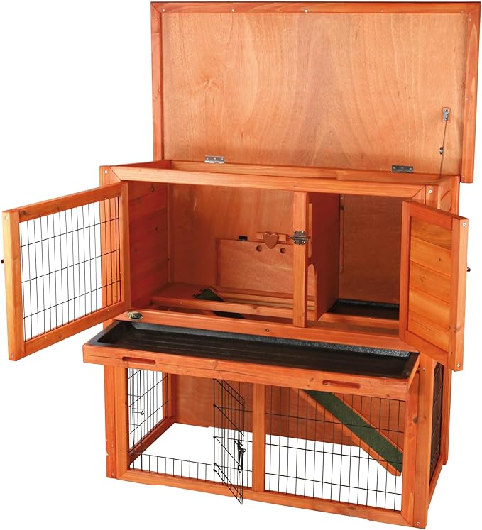 TRIXIE natura Outdoor Rabbit Hutch with Run - 2-Story Rabbit Cage with Non-Slip Ramp - Medium Elevated Small Animal House with Secure Playpen, Hinged Roof &amp; Pull-Out Tray - in Brown