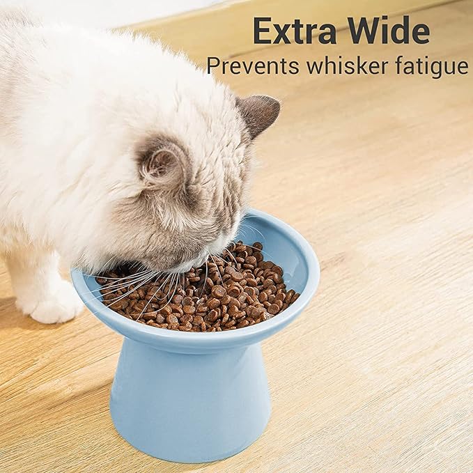 Extra Wide Elevated Ceramic Cat Food Bowl - 6.2" Shallow Dish for Whisker Fatigue Relief, 5" Height for Easy Feeding, Lead &amp; Cadmium Free, Durable Raised Cat Food Bowls, Blue